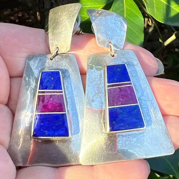 VINTAGE NAVAJO NATIVE AMERICAN SUGILITE LAPIS HUGE DROP DANGLE EARRINGS 925 SS